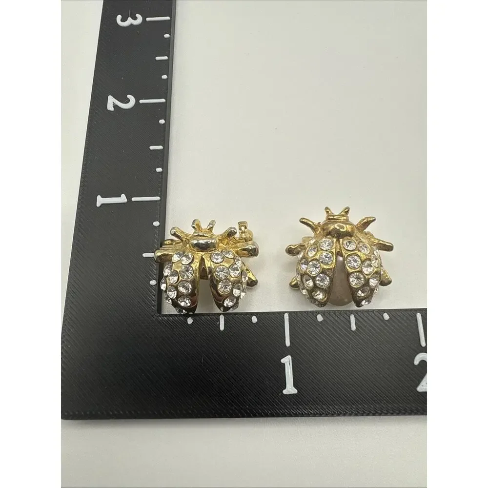 Two Ladybug Scatter Pins LOOK READ Gold‎ Tone Rhinestone One Pearl Stone Missing